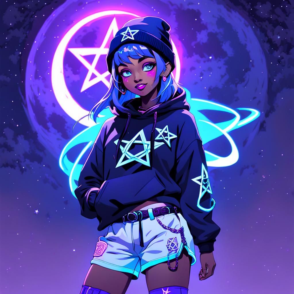 Teen in Neon Moonlight: Art Nouveau Concept