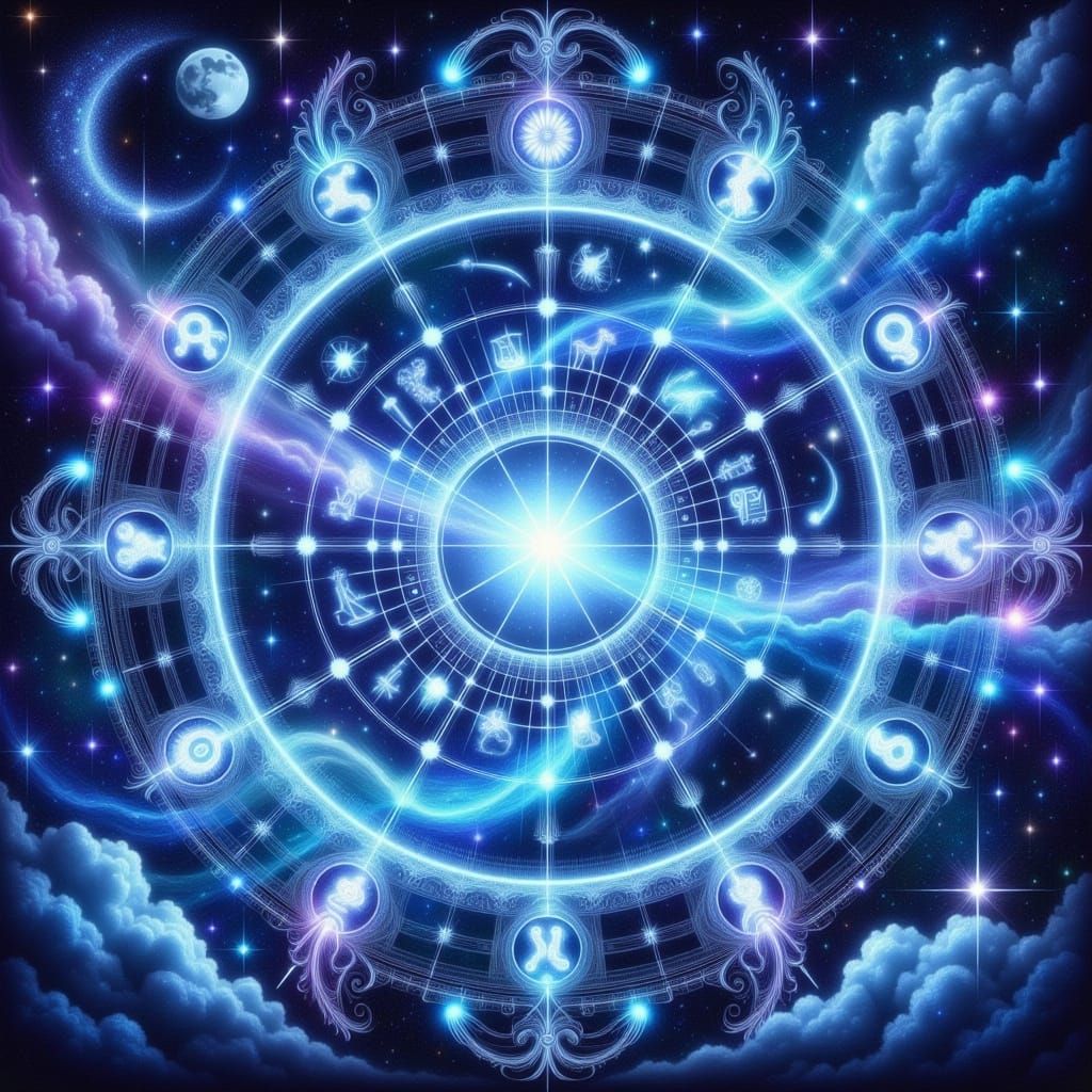 Vibrant Indigo Zodiac Celestial Chart in Ethereal Impasto St...