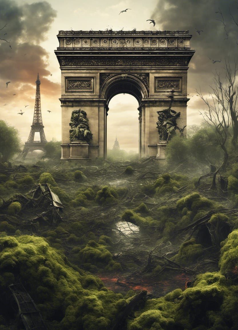 Arc de Triomphe and Eiffel Tower engulfed by nature