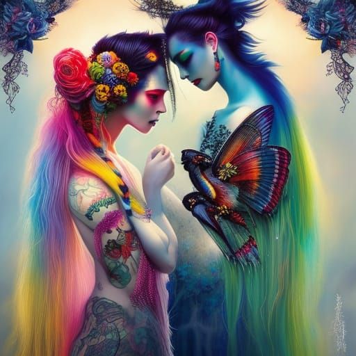 Lesbian Lovers with Pagan Tattoos: Digital Art