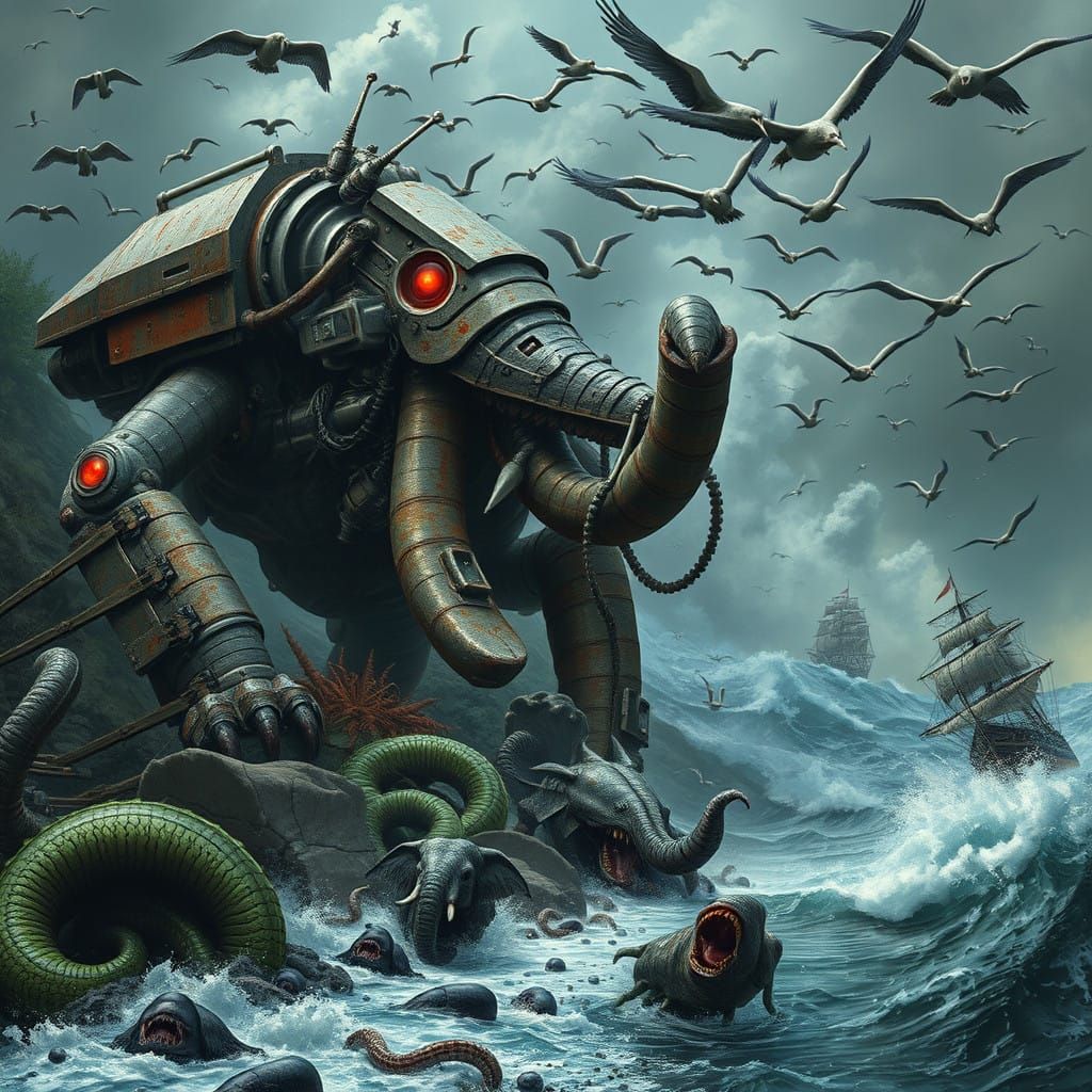 Mechanized Monstrosities Devour Worms Amidst Oceanic Chaos