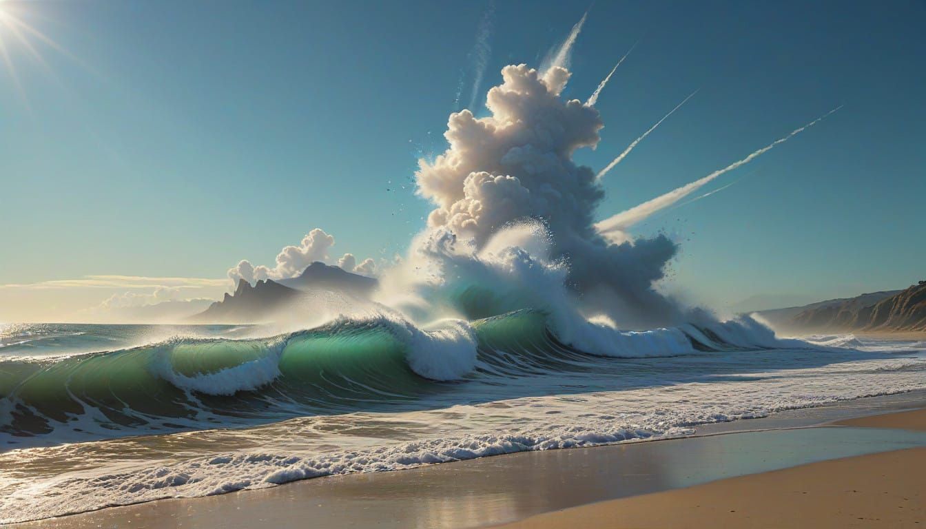 High waves crashing onto a beach