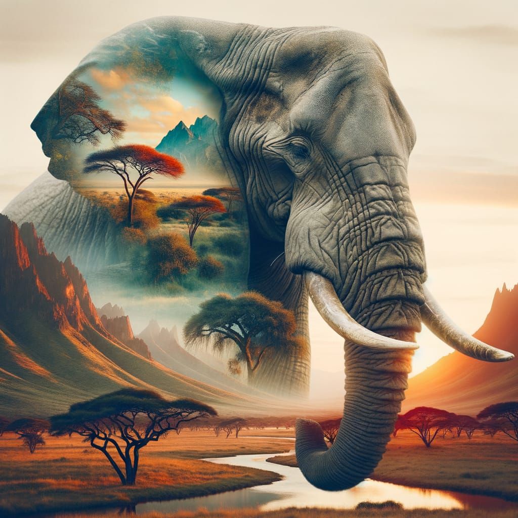 Double exposure, Majestic elephant with wrinkled gray skin a...