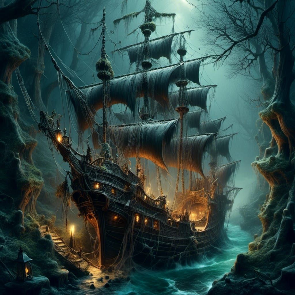 Pirate Ship Sailing Through Winter Forest