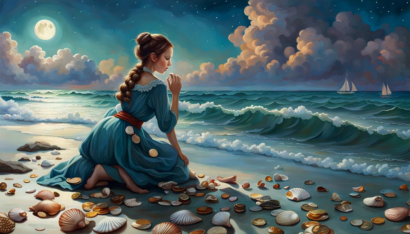 Girl Finds Treasure on Beach in Impressionist Style