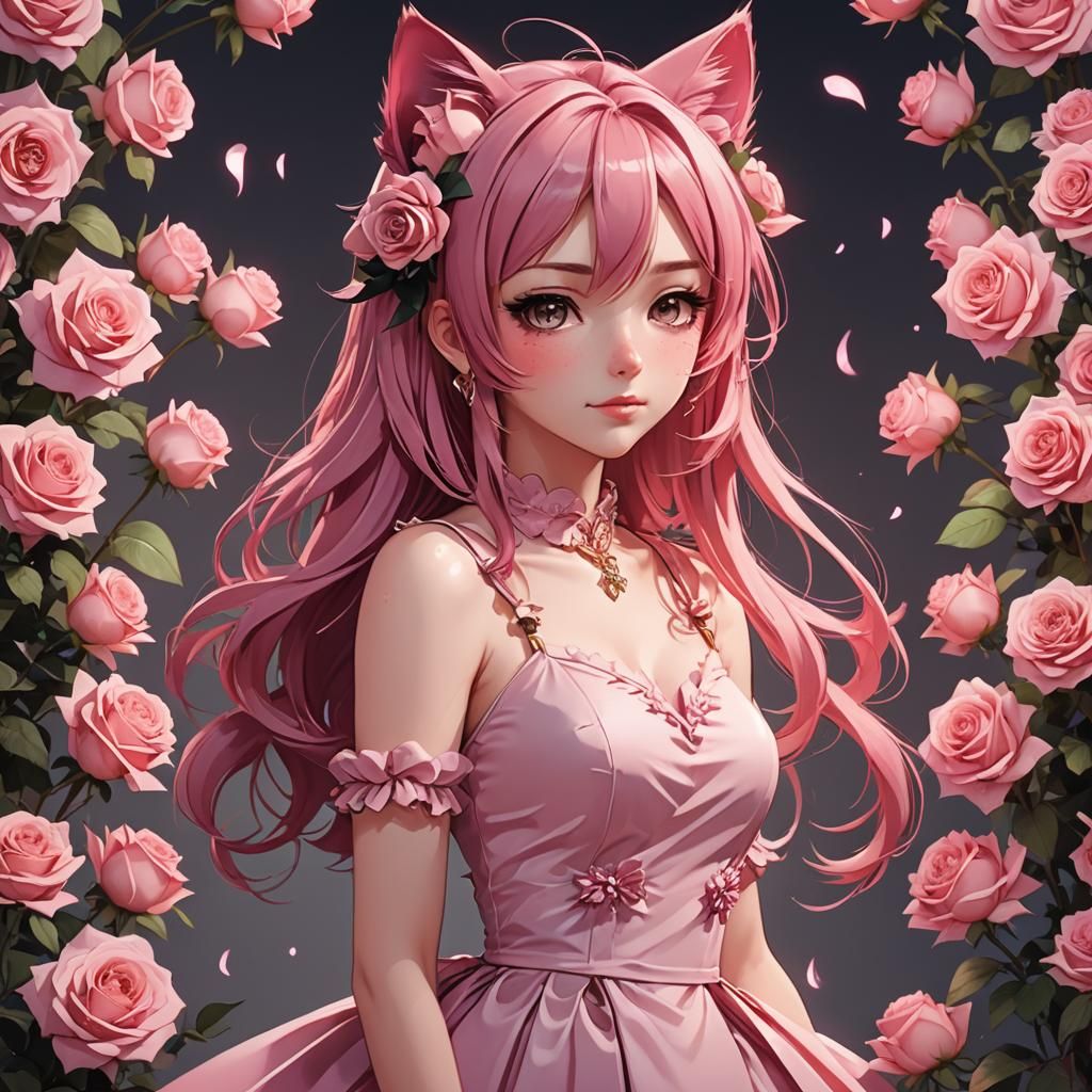 Anime Girl with Pink Hair and Roses in Manga Style