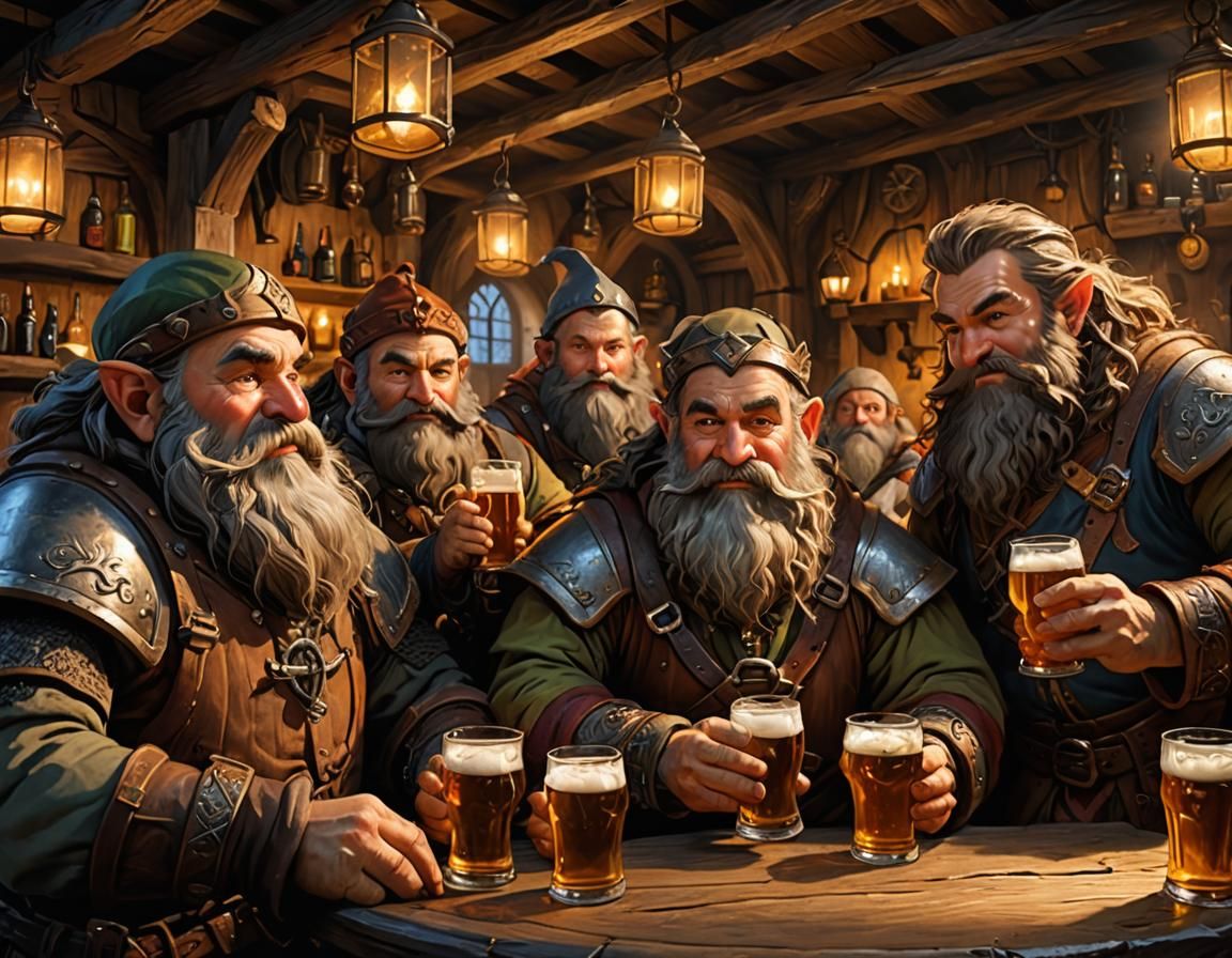 Dwarves Drinking Beer in Tavern: Hyperrealistic Splash Art
