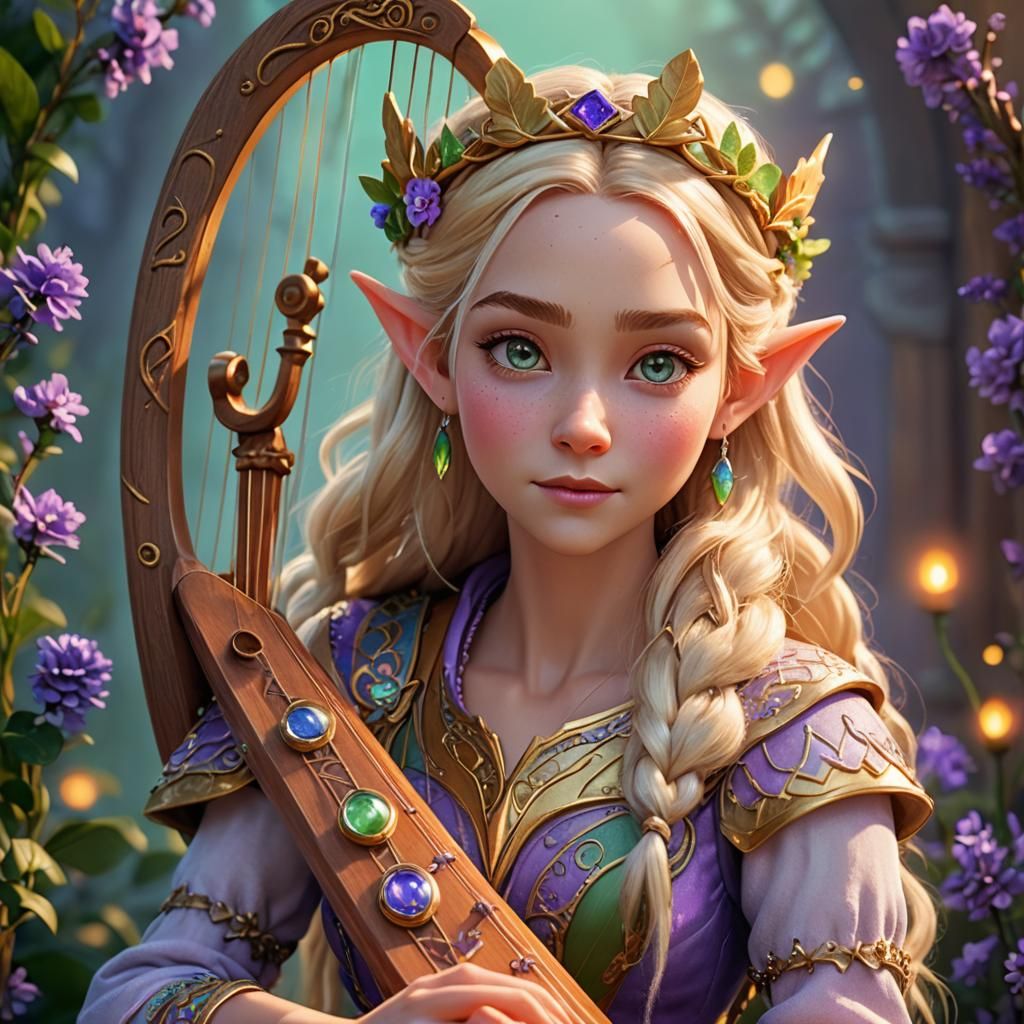 Blonde Elf with Harp: Pixar-Style 3D Portrait