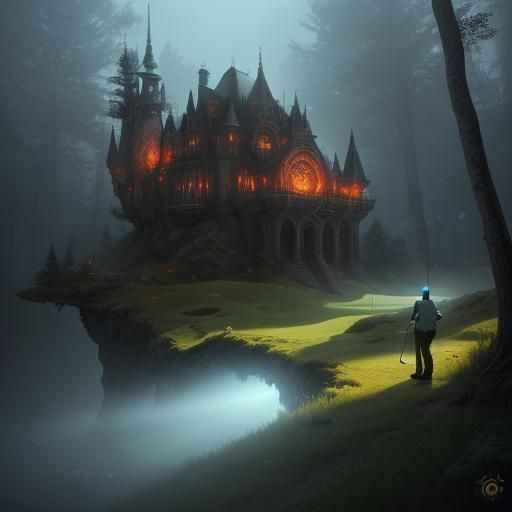 Golfer in Mystical Forest: Surreal Fantasy Art