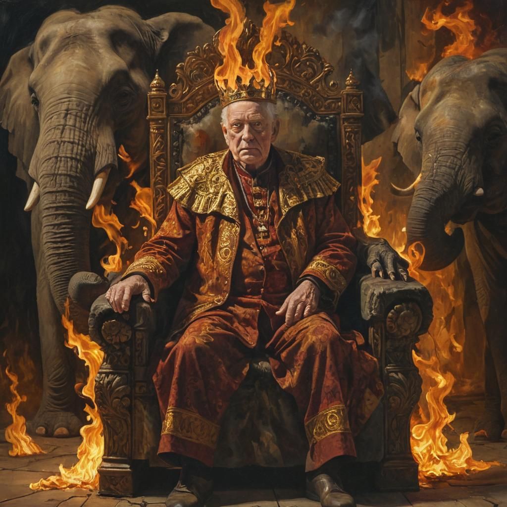 Surreal Elderly King on Fire Throne in Expressionist Style