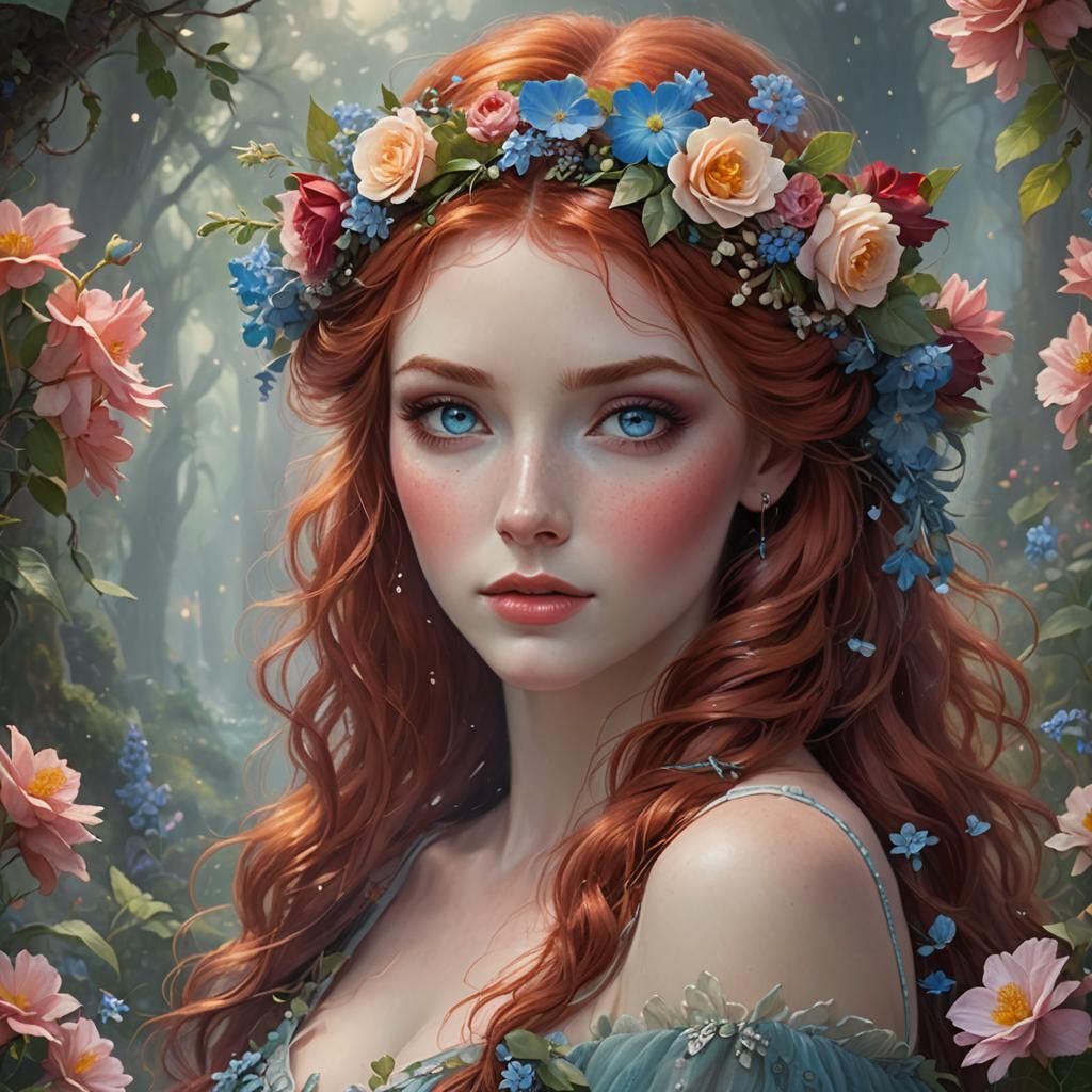Ethereal Redhead with Flower Crown in Kinkade Style