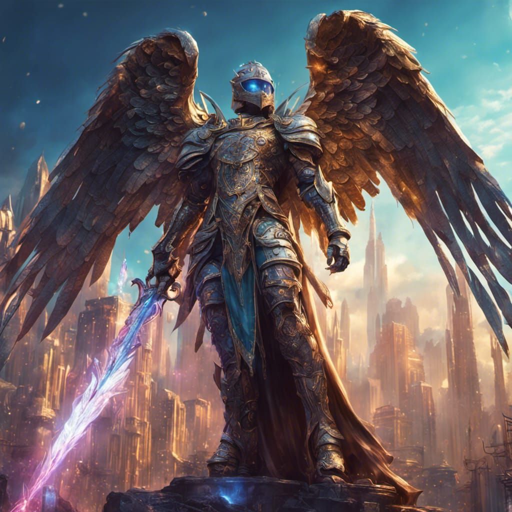 Radiant Angel Knight in Jewel-Toned City
