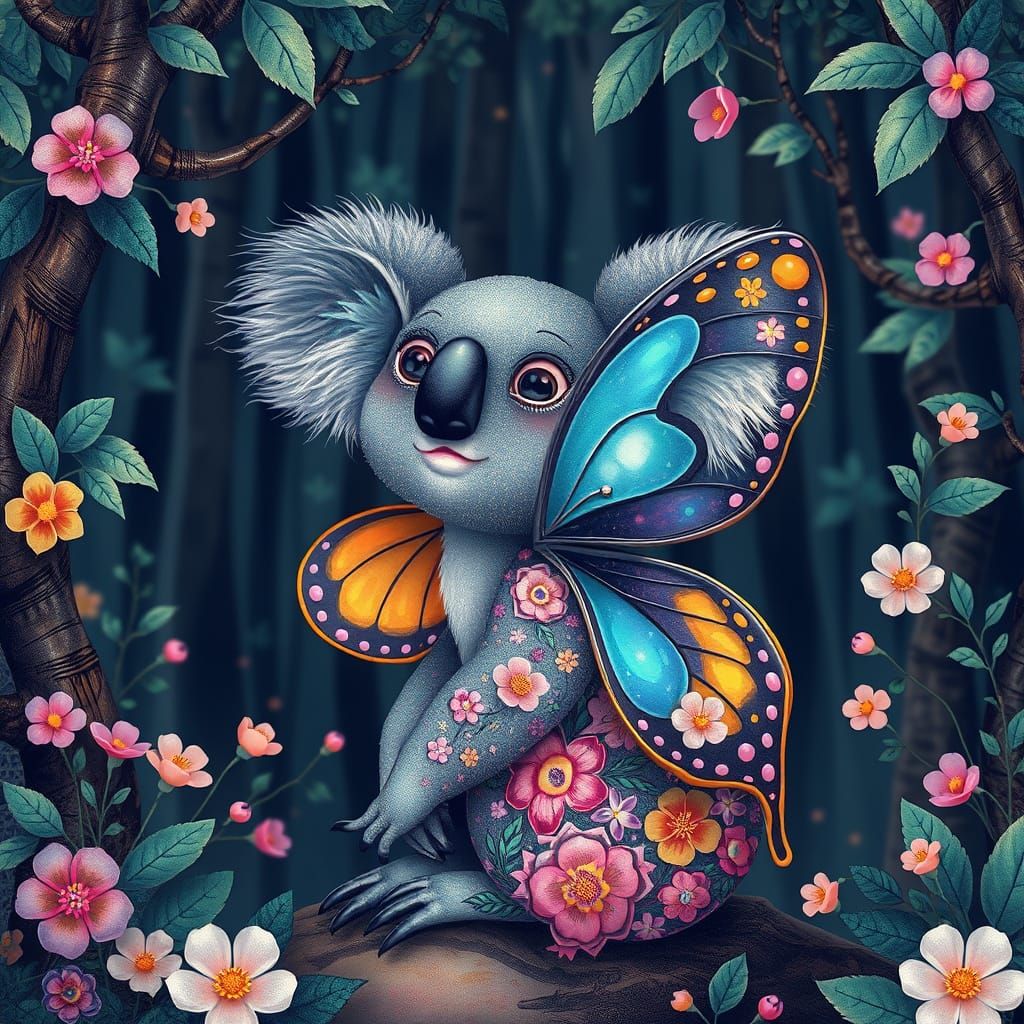 Butterfly Koala in Whimsical Forest, Vibrant Art