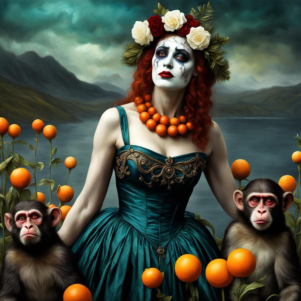 Surreal Zombie Clown Monkey in Mystical Landscape