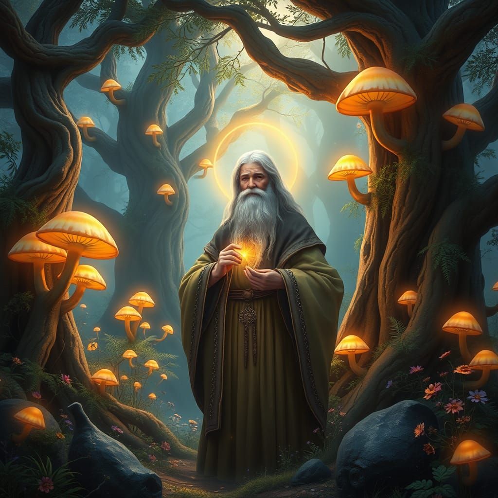 Saint Seraphim in Whimsical Woodland, Matte Painting