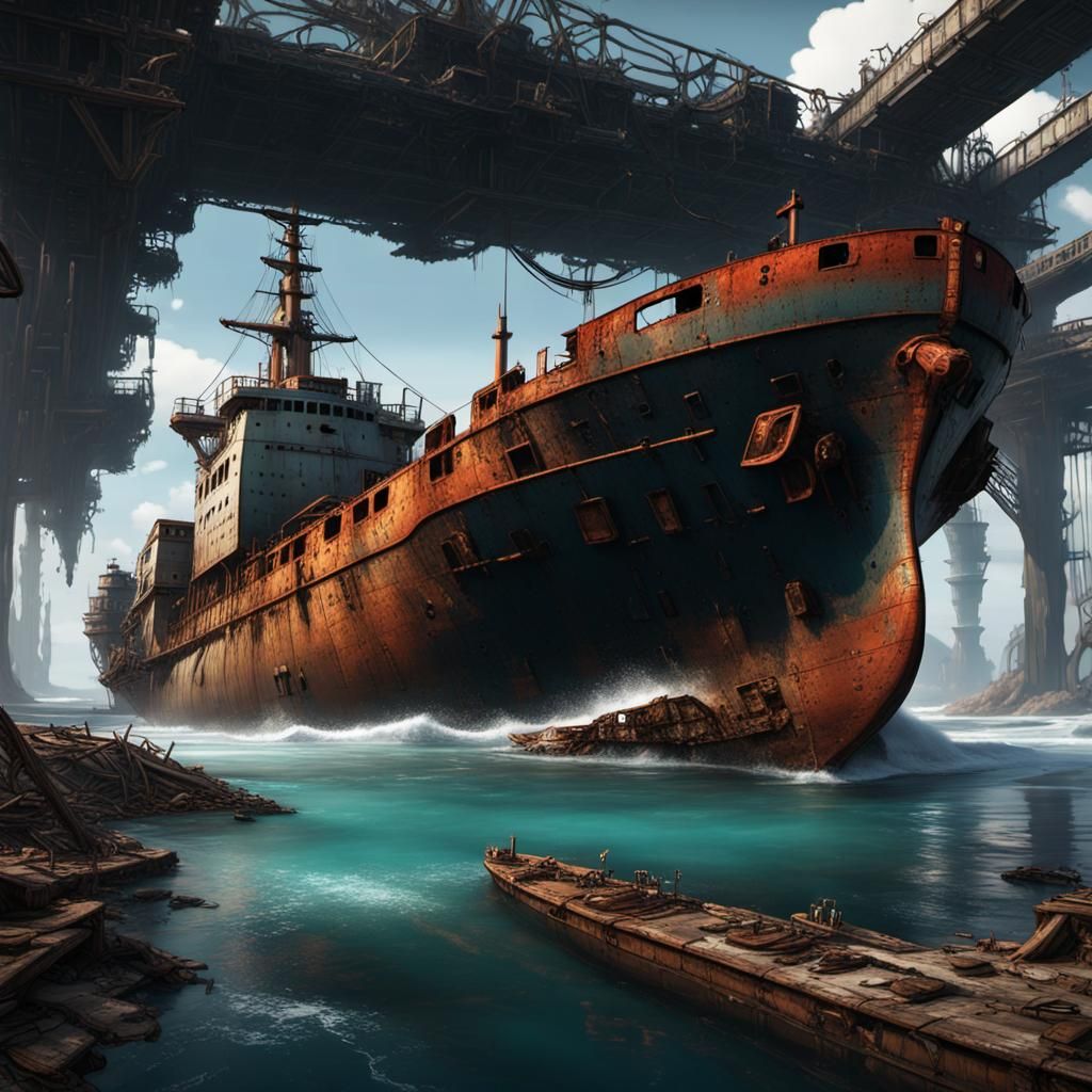 Abandoned Tropical Port with Ship Wreckage in Pop Art