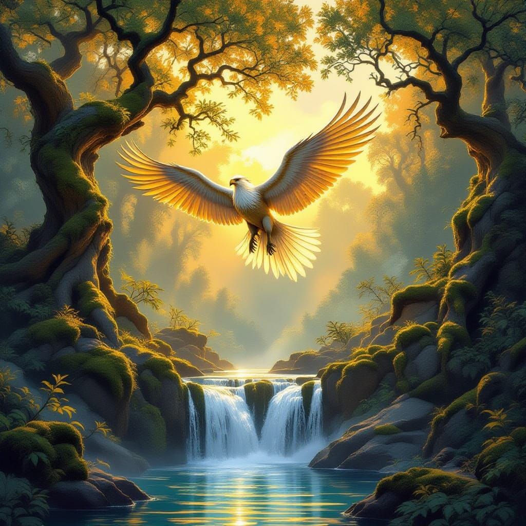 Majestic Griffin Soars Over Enchanted Forest in Golden Light