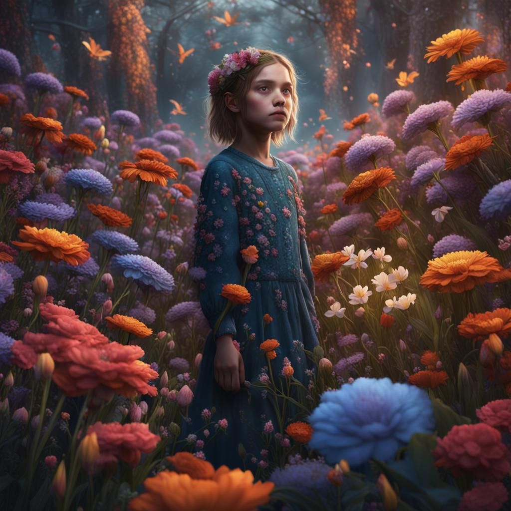 Girl Covered in Flowers: Detailed Fantasy Art