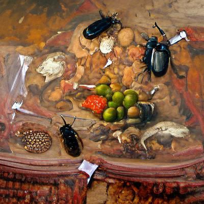 Detailed Still Life Painting with Food and Cockroaches