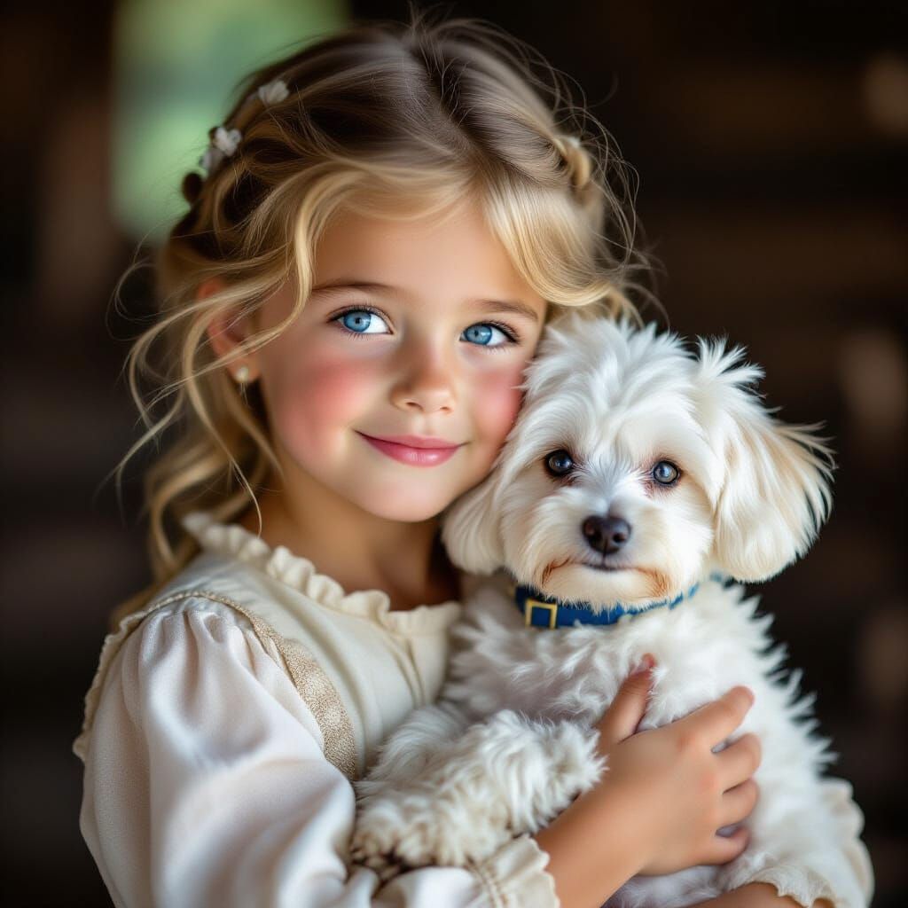 18th Century French Girl with Dog Portrait