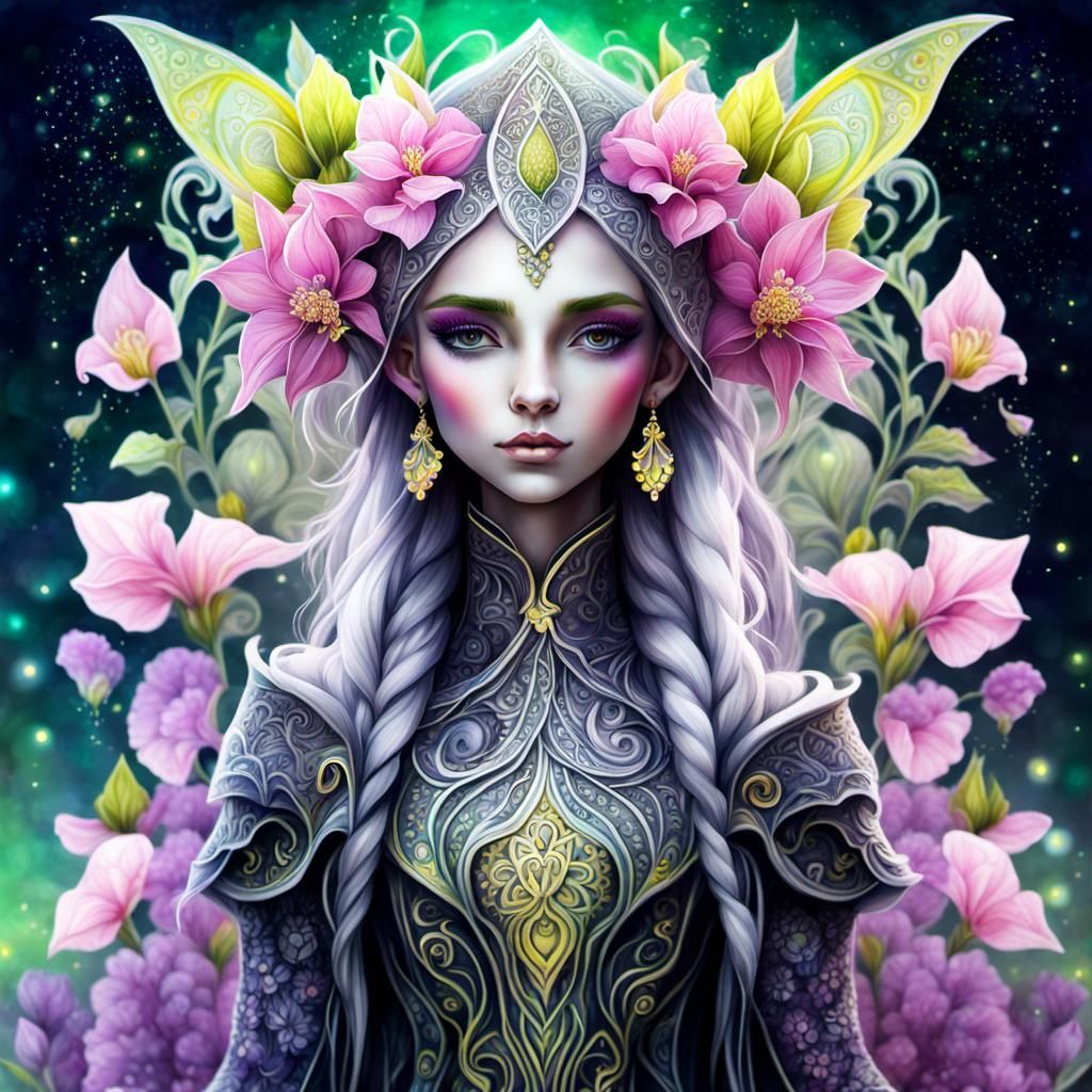 Gothic Elf with Pink Flowers in Zentangle Watercolor