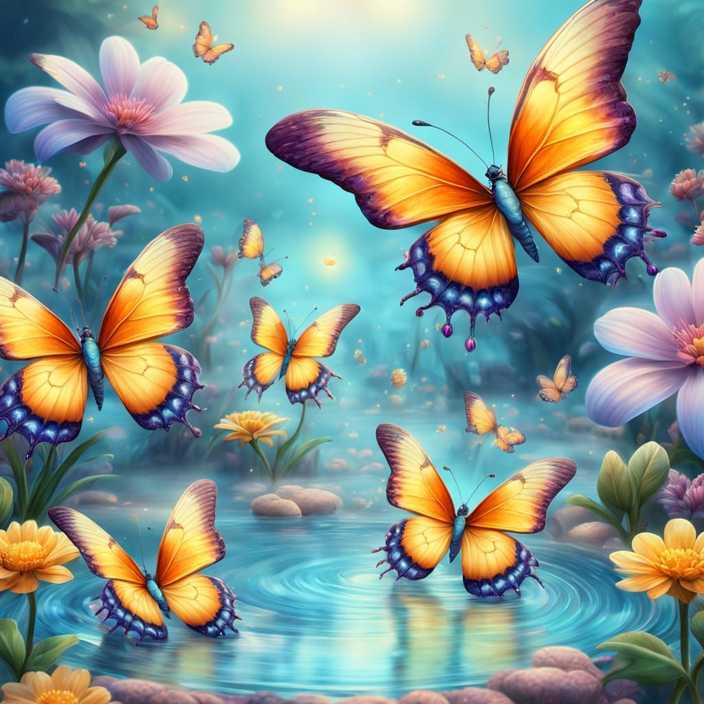 Iridescent Blue Butterflies in Surreal Digital Art