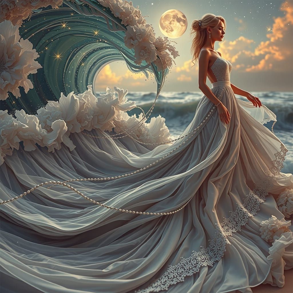 A stunning woman, her back to the camera, stands in an over-...