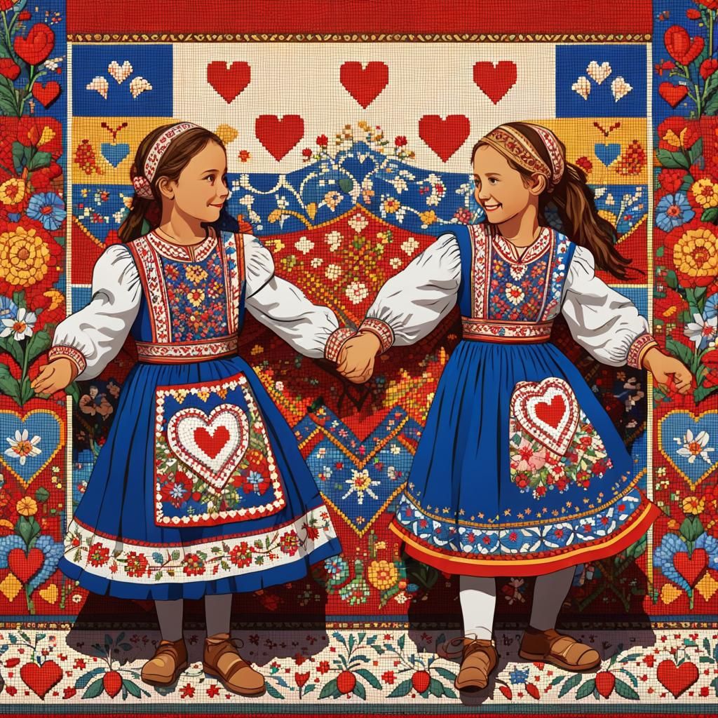 Children's Dance: Serbian Clothing, European Flags Mosaic