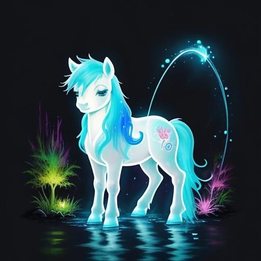 Bioluminescent Chibi Pony with Waterfall, Graffiti Art