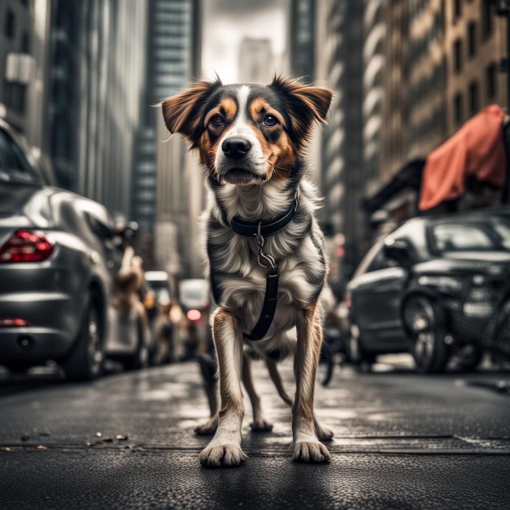 Dog in Hyperrealistic Busy Big City Scene