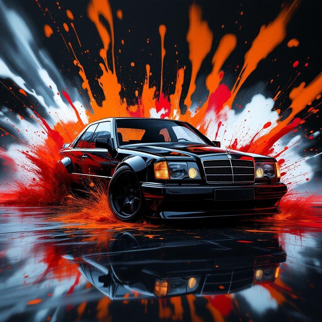 Mercedes W124 AMG 500 Bursts Through Abstract Paint