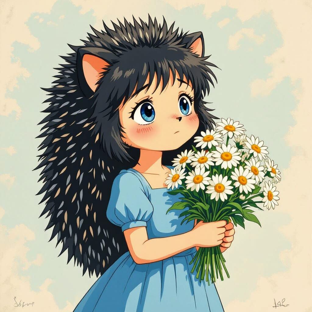 Sad Hedgehog Girl in Blue Dress Holding Daisies