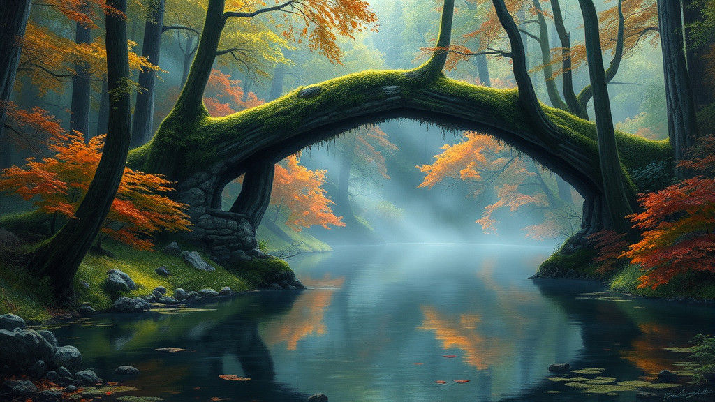 Mystical Forest With Abandoned Bridge as Oil Painting