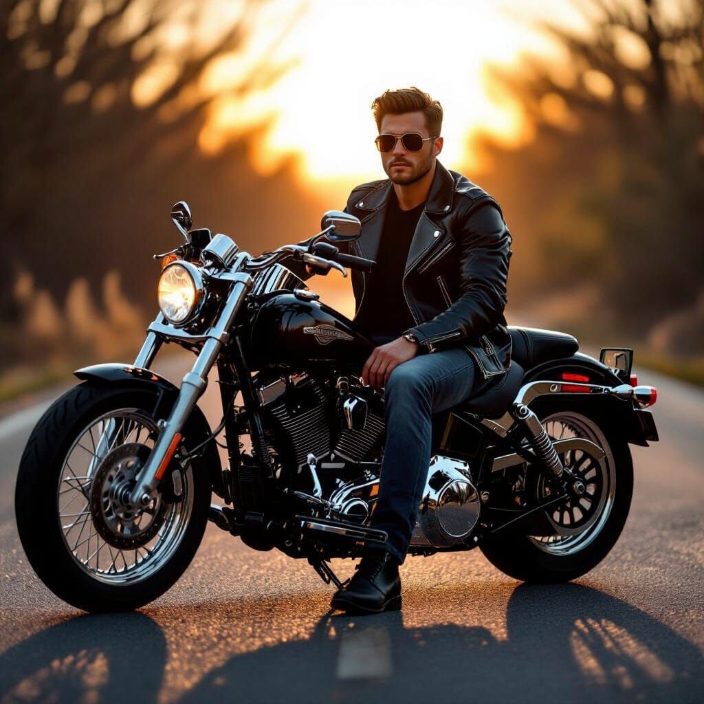Man on Harley Davidson in Late Afternoon Sun