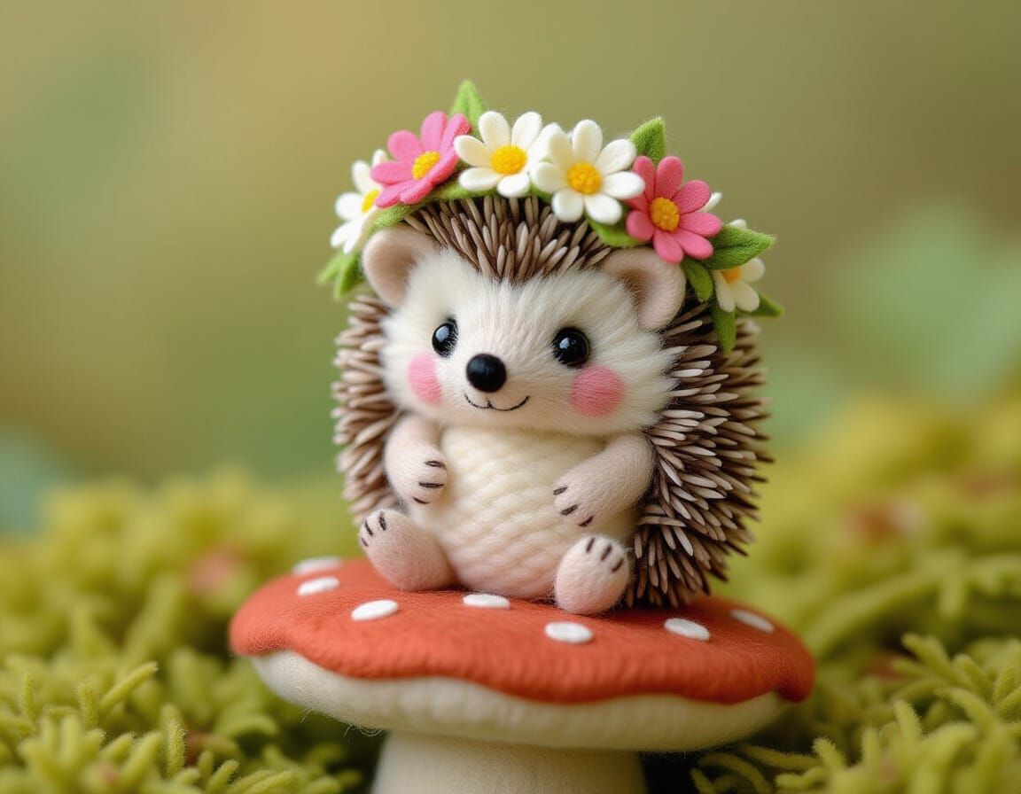 Felted Hedgehog with Flower Crown in Potter Style