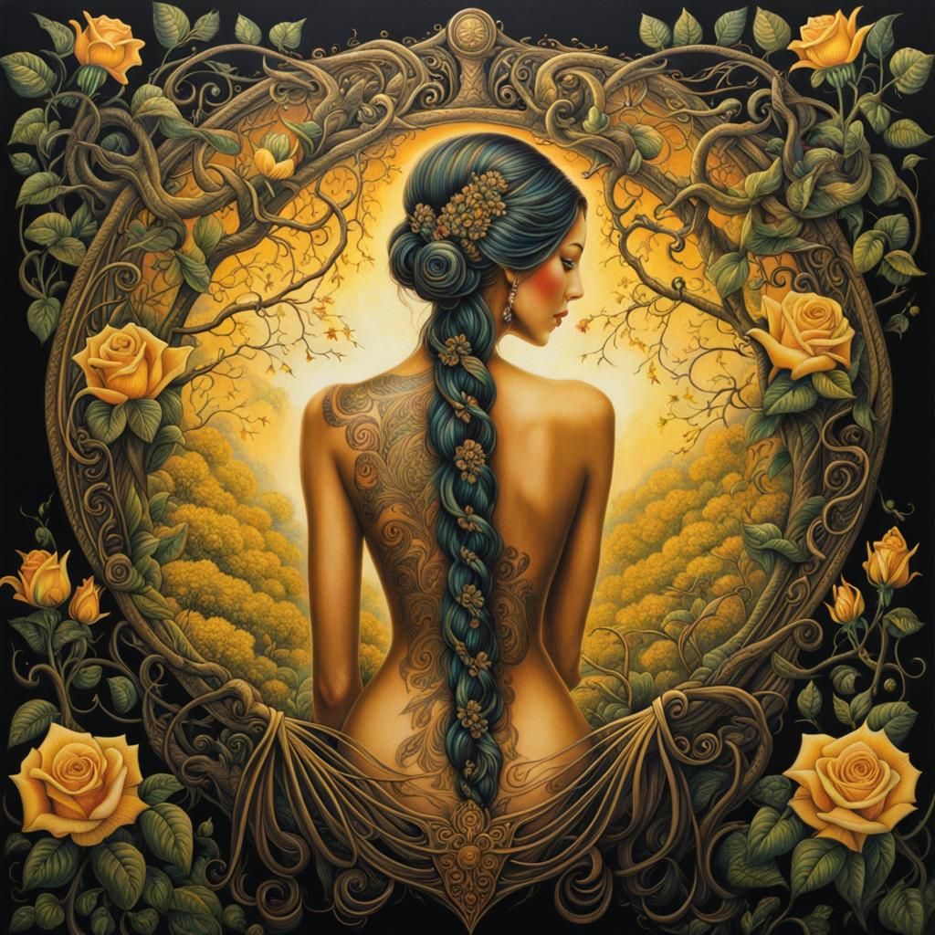 Elegant Woman with Rose Tattoo: Gothic Romanticism