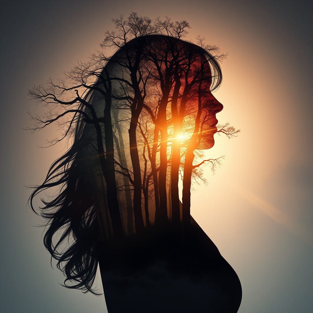 Woman Enveloped in Whimsical Forests in Splendid Sunset