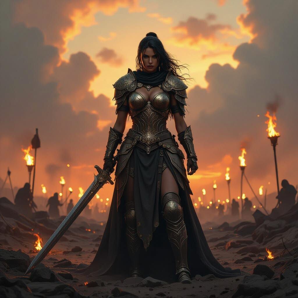 Warrior Goddess on Battlefield in Painterly Style