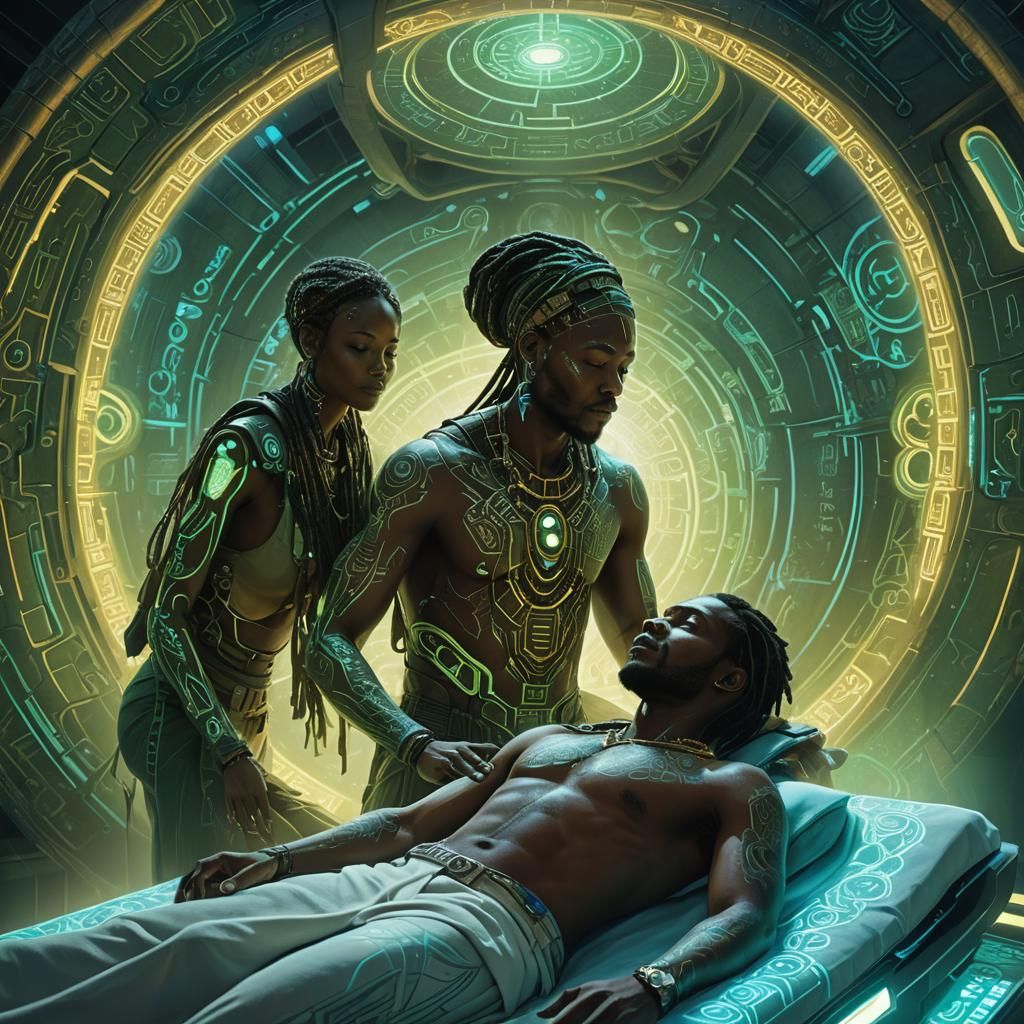African Healer in Bioluminescent, Futuristic Chamber