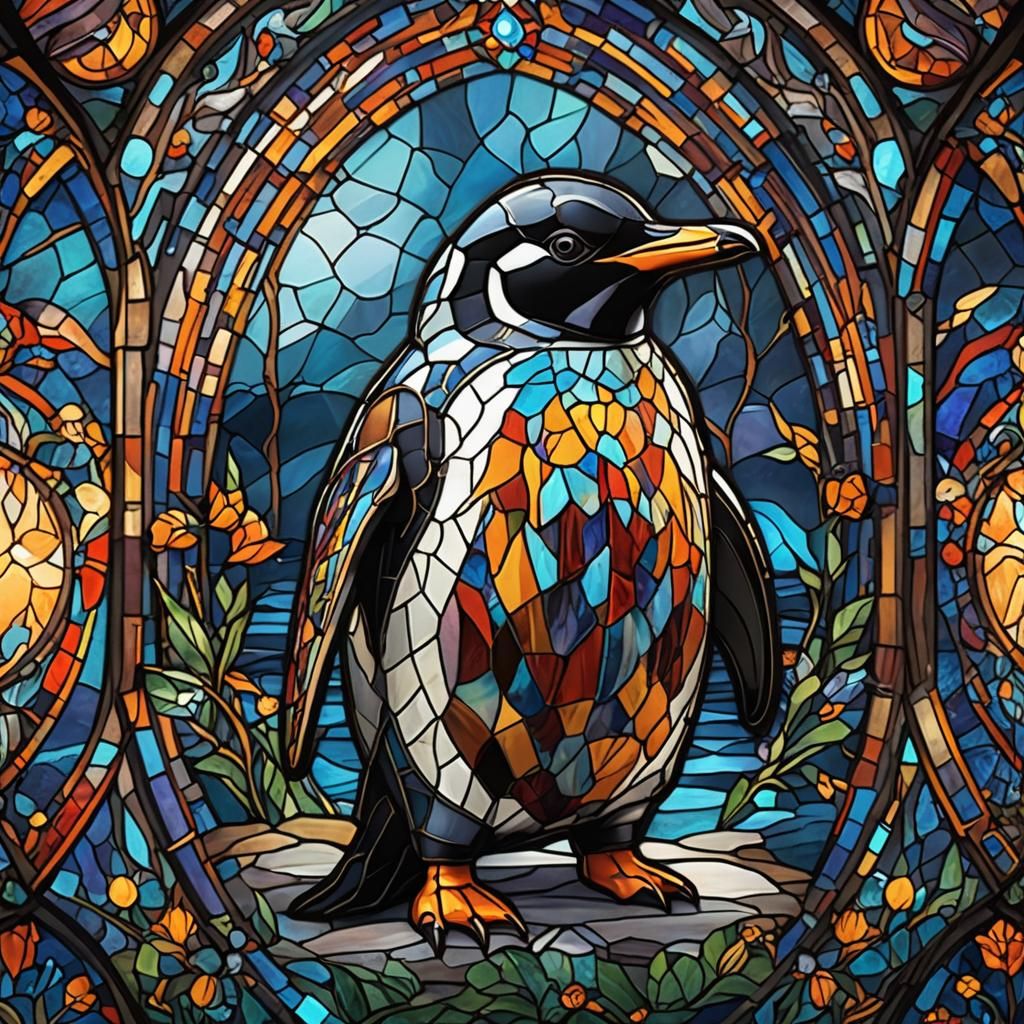 Stained Glass Penguin: Fantastical Detailed Matte Painting