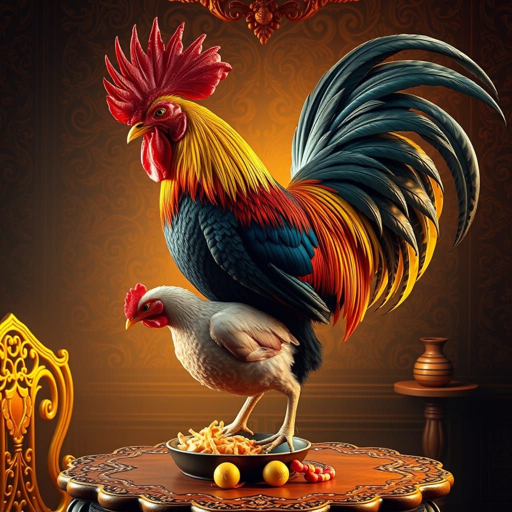 Majestic Rooster Devours Chicken in Whimsical, Hyper-Realist...