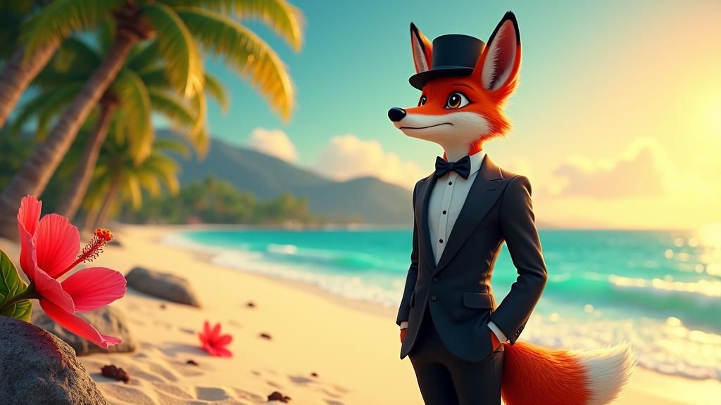 Debonair Fox on Hawaiian Beach: Fantasy Concept Art