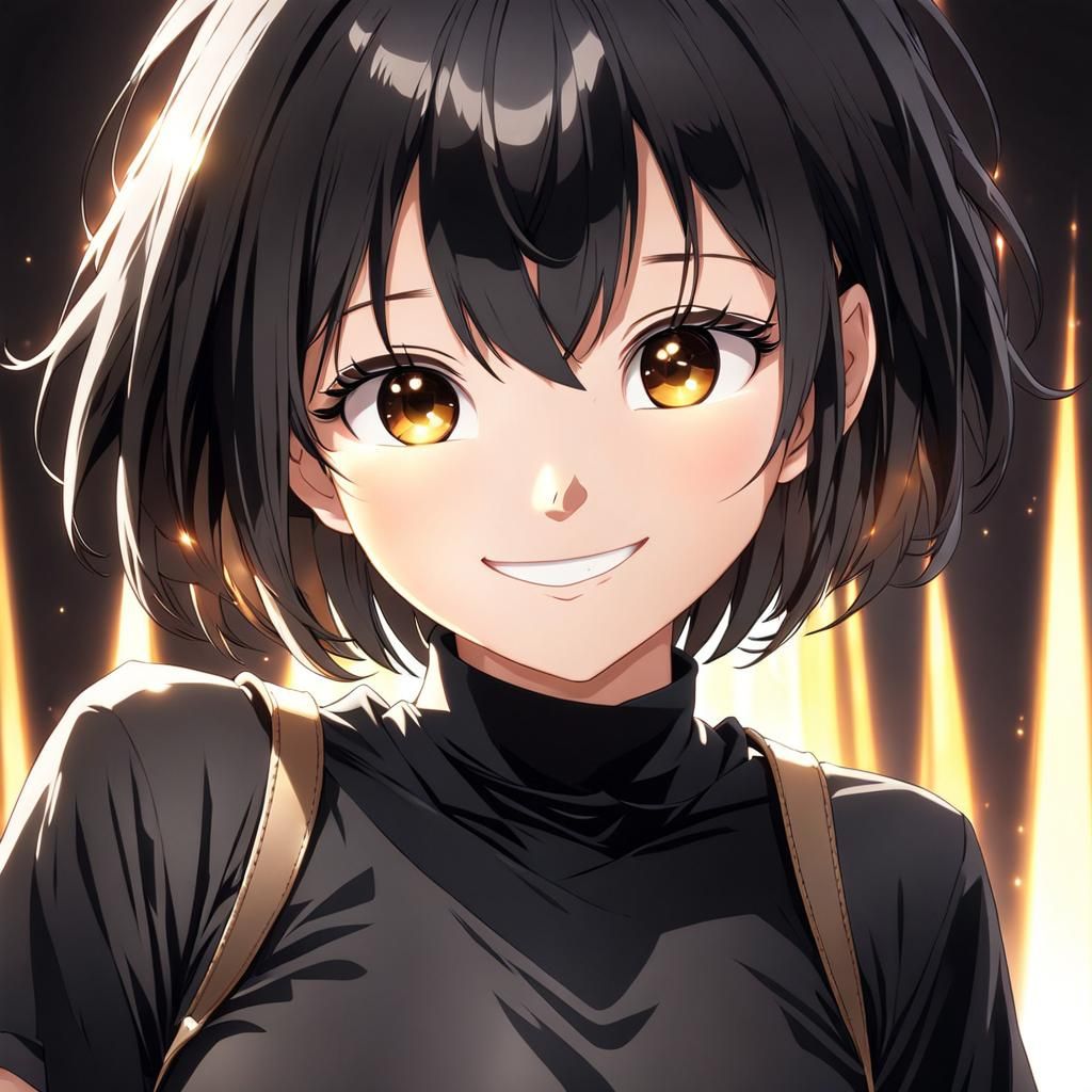 Anime Girl with Black Hair Smiling Portrait