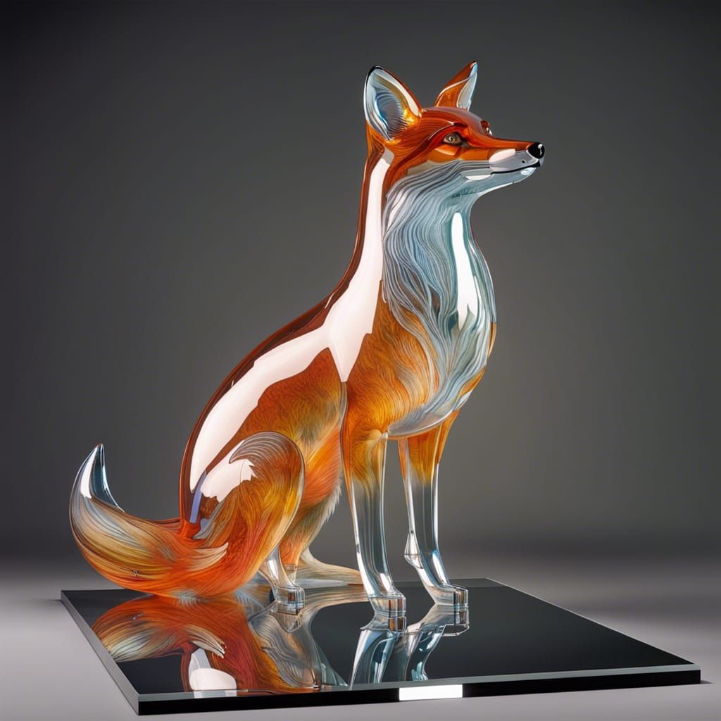 Transparent Blown Glass Fox Sculpture on Mirrored Platform