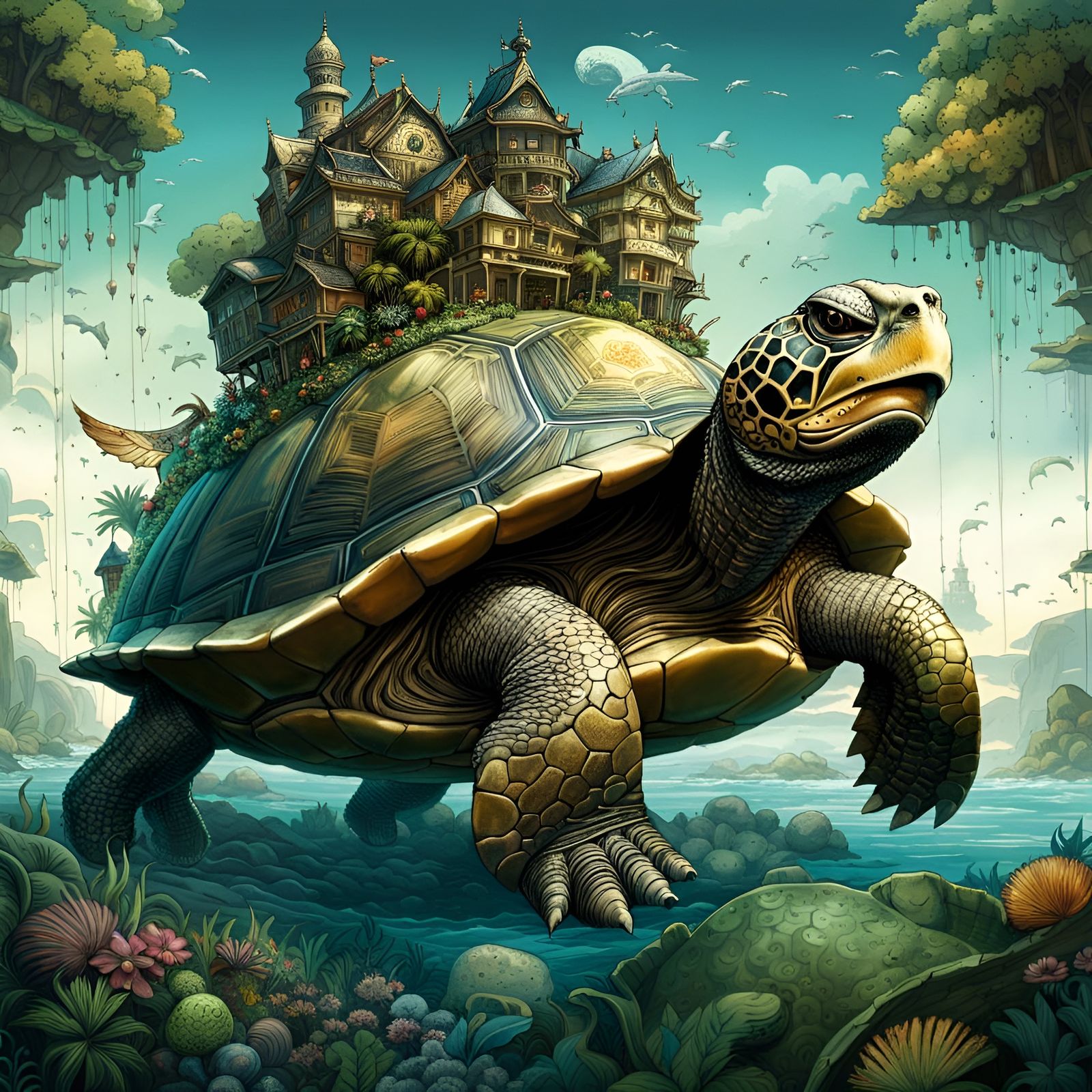 Flying Turtle Island: Detailed Fantasy Illustration