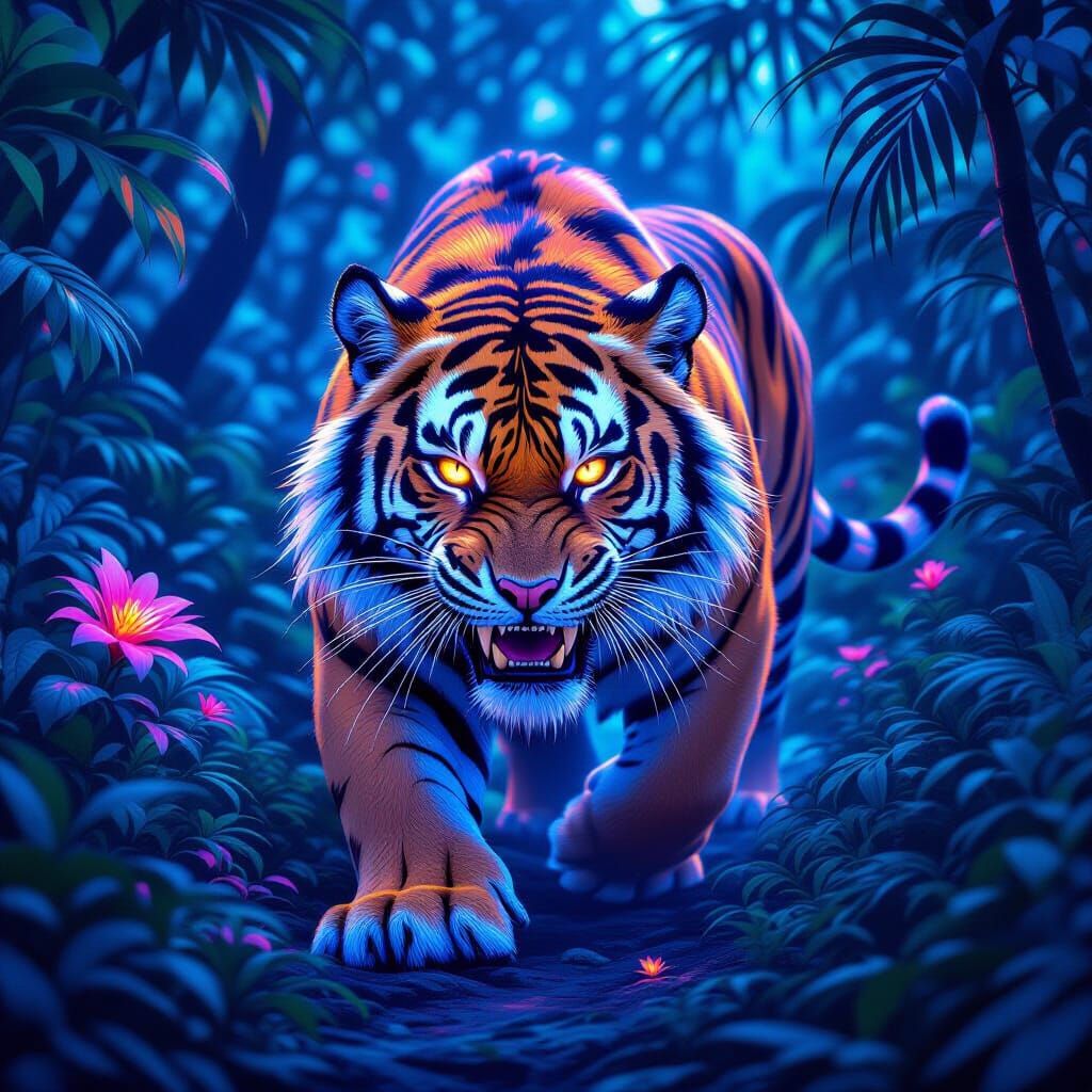 Bioluminescent Saber-Toothed Tiger in Prehistoric Jungle