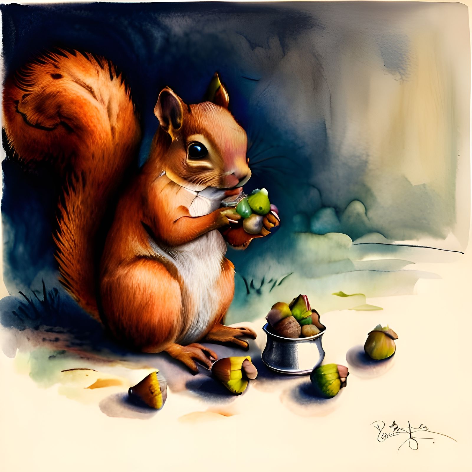 Whimsical Squirrel with Acorn in Charcoal Style