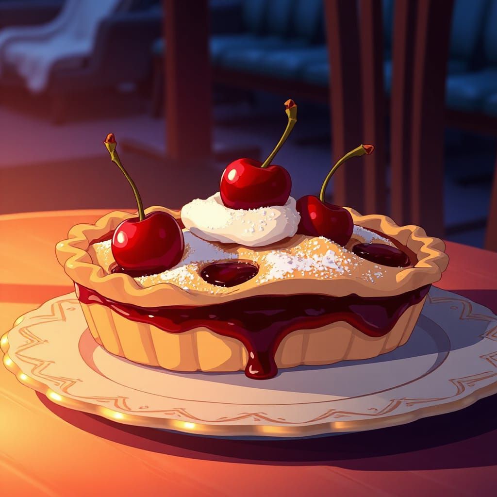 Vibrant Cherry Pie in Cel-Shaded Anime Style