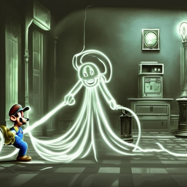 luigi sucking a ghost with a vacuum cleaner in a haunted hotel, concept art from luigi's mansion 3 for nintendo switch, ...