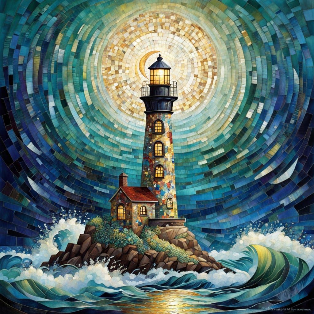 Mosaic Lighthouse Against Stormy Sea in Dreamlike Style